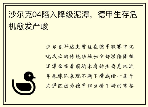 沙尔克04陷入降级泥潭，德甲生存危机愈发严峻